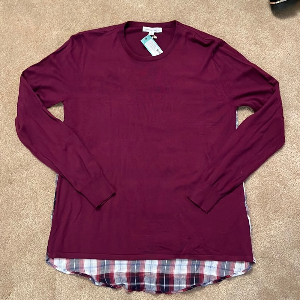 NWT Honey Punch burgundy and flannel pullover